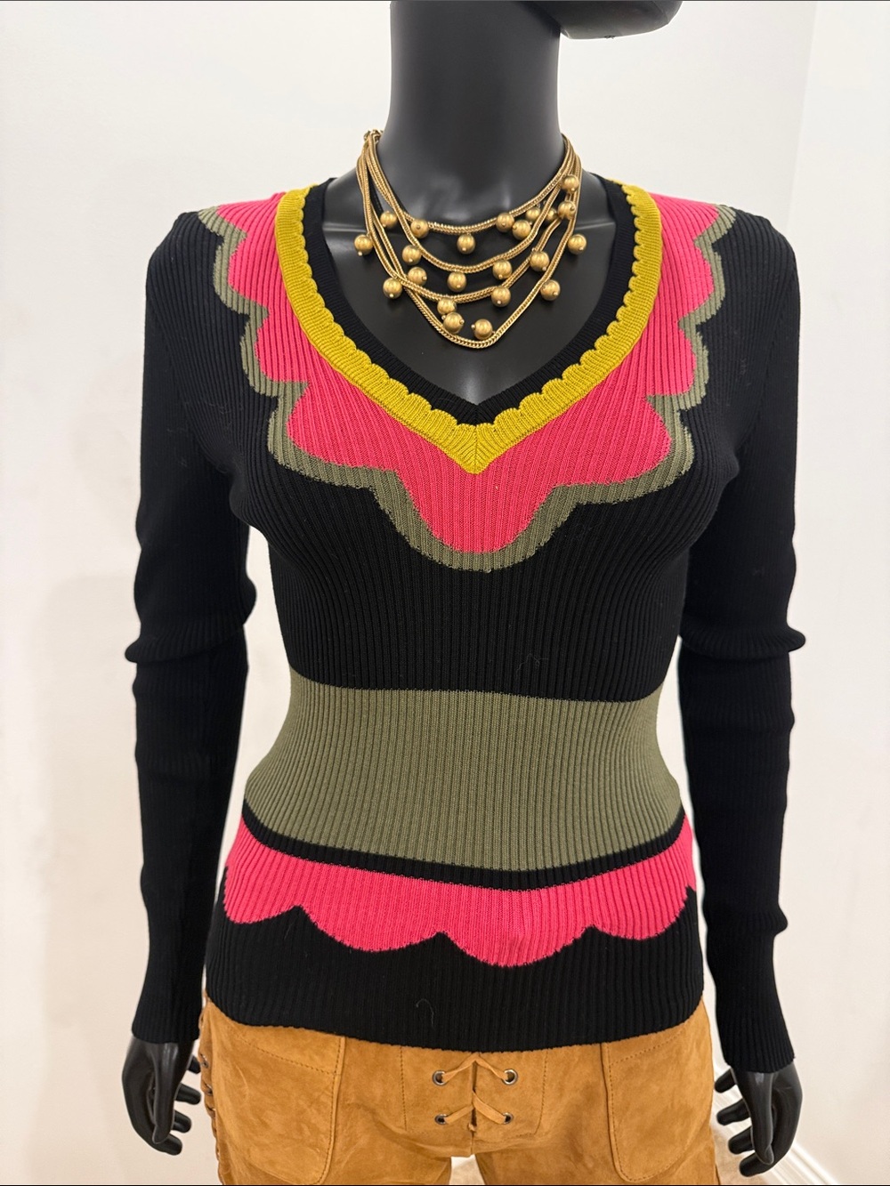 Red Valentino Black Sweater with Pink and Green Details